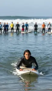 Surfer In A Wetsuit Paddles Out Through A Channel Calm Water