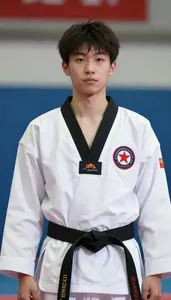 Taekwondo Light Athlete Wearing Dobok Showcasing Wearing