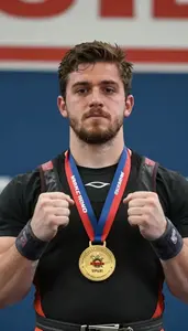 Weightlifting Powerlifter Wearing Wrist Wraps Celebrating