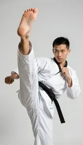 Wushu Sanda Fighter Wearing Uniform Graceful Kicking Leg