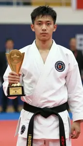 Wushu Sanda Fighter Wearing Sash Celebrating Displaying