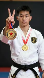Wushu Sanda Fighter Wearing Sash Displaying Clutching