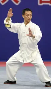 Wushu Tai Chi Practitioner Wearing Uniform Posing Presented