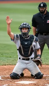 Baseball Catcher In Full Gear Mask Pushed Up Signals To The