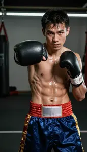 Boxer In Satin Shorts And Hand Wraps Throwing A Powerful