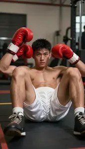 Boxer In White Satin Shorts And Red Gloves Does Abdominal