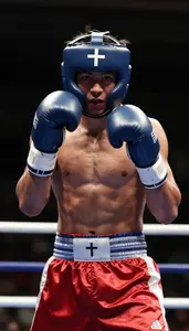 Boxing Flyweight Wearing Shorts Aggressive Punching Cross In