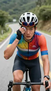 A Cyclist In A Colorful Jersey And Helmet Sunglasses Perched