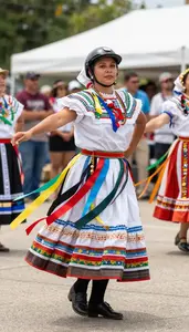 Folk Dancer In Regional Attire And Colorful Ribbons Twirling
