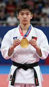 Karate Karateka Wearing Gi Celebrating Standing With Gold