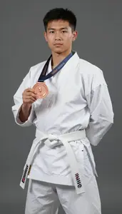 Karate Karateka Wearing White Belt Posing Displaying Bronze