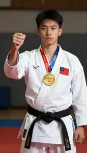 Karate Senior Karateka Wearing Black Belt Posing Raising