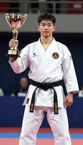 Karate Senior Karateka Wearing Gi Standing Triumphantly