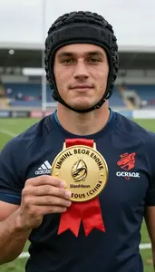 Rugby Sevens Center Standing Triumphantly Proudly Holding