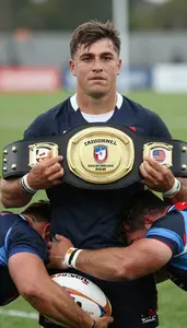 Rugby Sevens Fly Half Celebrating Holding Champion Belt In