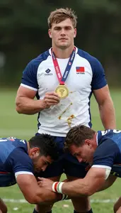 Rugby Sevens Scrum Half Standing Tall Clutching First Place