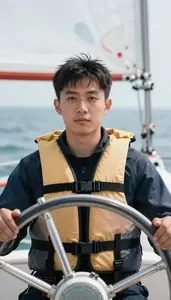 Sailing Skipper Wearing Life Jacket Quick Navigating Tacking