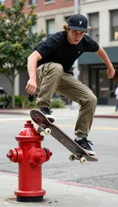 Skateboarder In A Cap And Cargo Shops Ollies Over A Fire