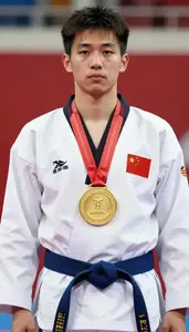 Taekwondo Heavy Athlete Wearing Blue Belt Displaying