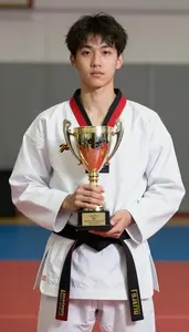 Taekwondo Specialist Wearing Red Belt Posing Clutching