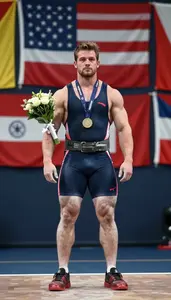 Weightlifter In A Singlet And Belt Stands On The Podium