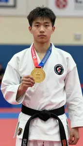 Wushu Sanda Fighter Wearing Sash Standing In Honor Of