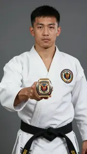 Wushu Sanda Fighter Wearing Sash Displaying Raising