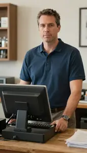 Male Cash Register Operator Stock Photo