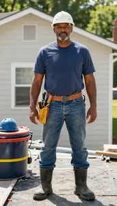 Male Hot Tar Roofer Helper Stock Photo