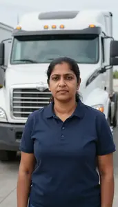 Female Log Truck Tractor Trailer Driver Professional Stock Photo
