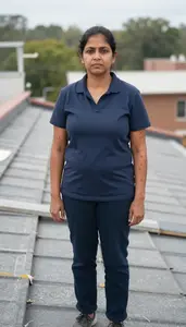 Female Shingles Roofer Professional Stock Photo