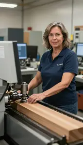 Female Computer Numerically Controlled Cnc Wood Lathe Operator Stock Photo