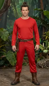 Pale Skinned In 40s With Broad Shoulders Bun Wearing Jungle Adventurer Costume In Red Wearing Wearin