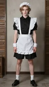 Pale Skinned Young In 20s Smooth Faced Wavy Hair Wearing French Maid Costume Wearing Footwear Striki
