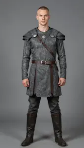 Scandinavian In Early 20s Buzz Cut Wearing Valkyrie Costume In Grey Wearing Footwear Hand On Prop Wh