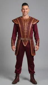 Southern European Mature Man Clean Face Fade Haircut Wearing Intricate Wood Carver Costume Theatrica