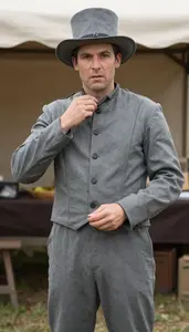 Western European In 50s Wearing Candlemaker Costume Historically Accurate In Grey With Wearing Adjus