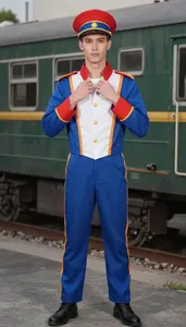Pale Skinned In Mid 20s In Vibrant Train Conductor Costume
