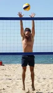 Beach Volleyball Blocker Wearing Top Sunburned Setting Jump