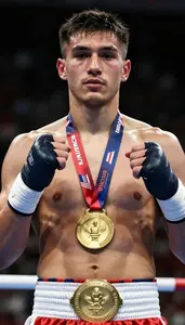 Boxing Lightweight Wearing Hand Wraps Standing Tall Holding
