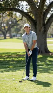 Golfer In A Heather Grey Polo And Navy Trousers Putts On A