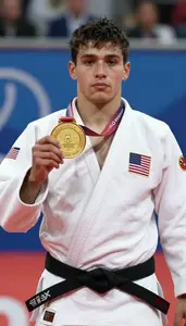 Judo Judoka Wearing White Belt Showcasing Raising Gold Medal