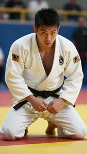 Judo Light Judoka Wearing Gi Determined Sweeping Chokehold