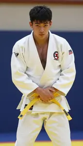 Judo Light Judoka Wearing Yellow Belt Focused Pinning Hip