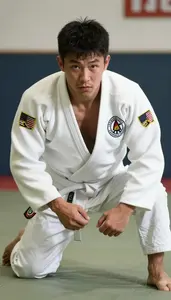 Judo Specialist Wearing White Belt Determined Sweeping