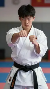 Karate Junior Karateka Wearing Gi Precise Punching Elbow