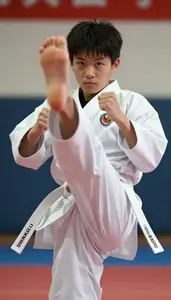 Karate Junior Karateka Wearing White Belt Determined Kicking