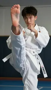 Karate Karateka Wearing White Belt Precise Sparring