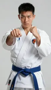 Karate Karateka Wearing Blue Belt Precise Kicking Elbow