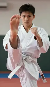 Karate Senior Karateka Wearing White Belt Focused Kicking